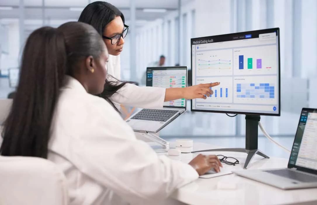 Medical administrators verifying census entries on monitors