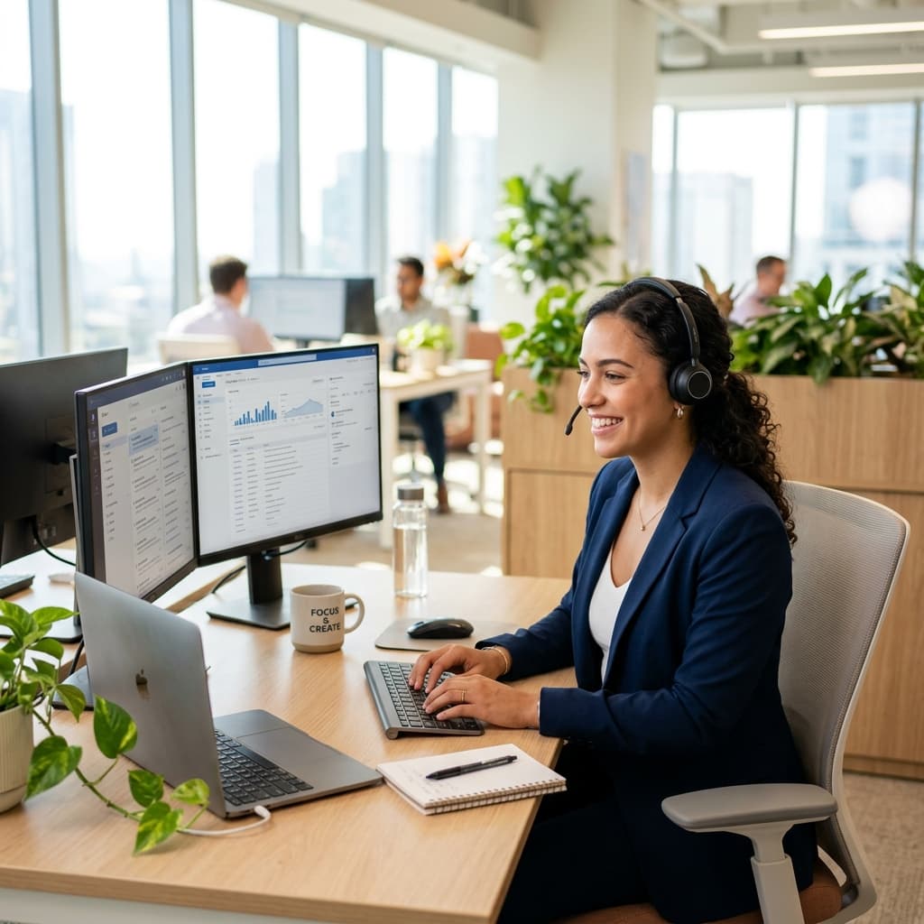 Medical Coder wearing headset reviewing medical charts