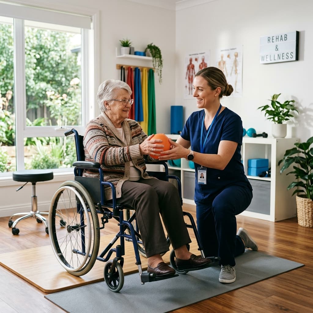 Therapist helping senior patient in wheelchair