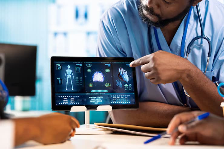Doctor showing billing and analytics on a tablet screen