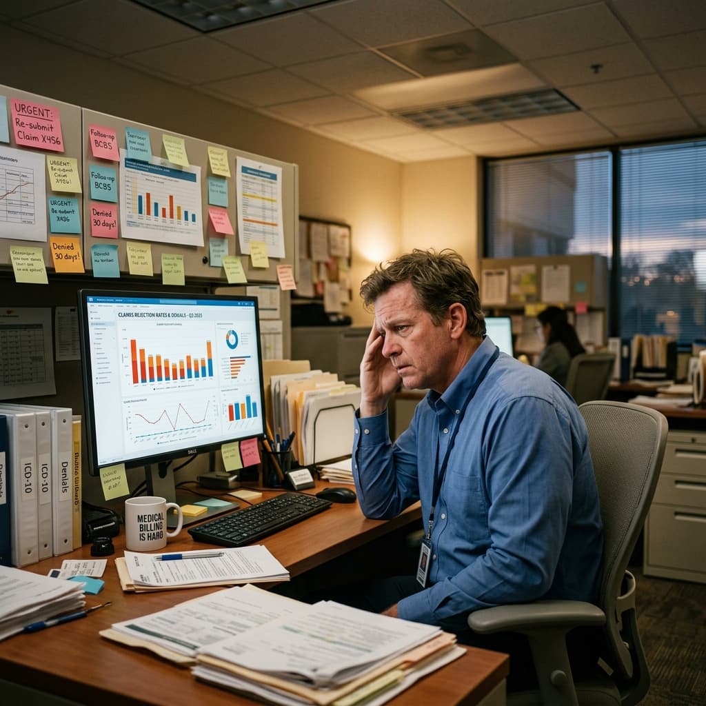 Physician analyzing stacked clinical reports