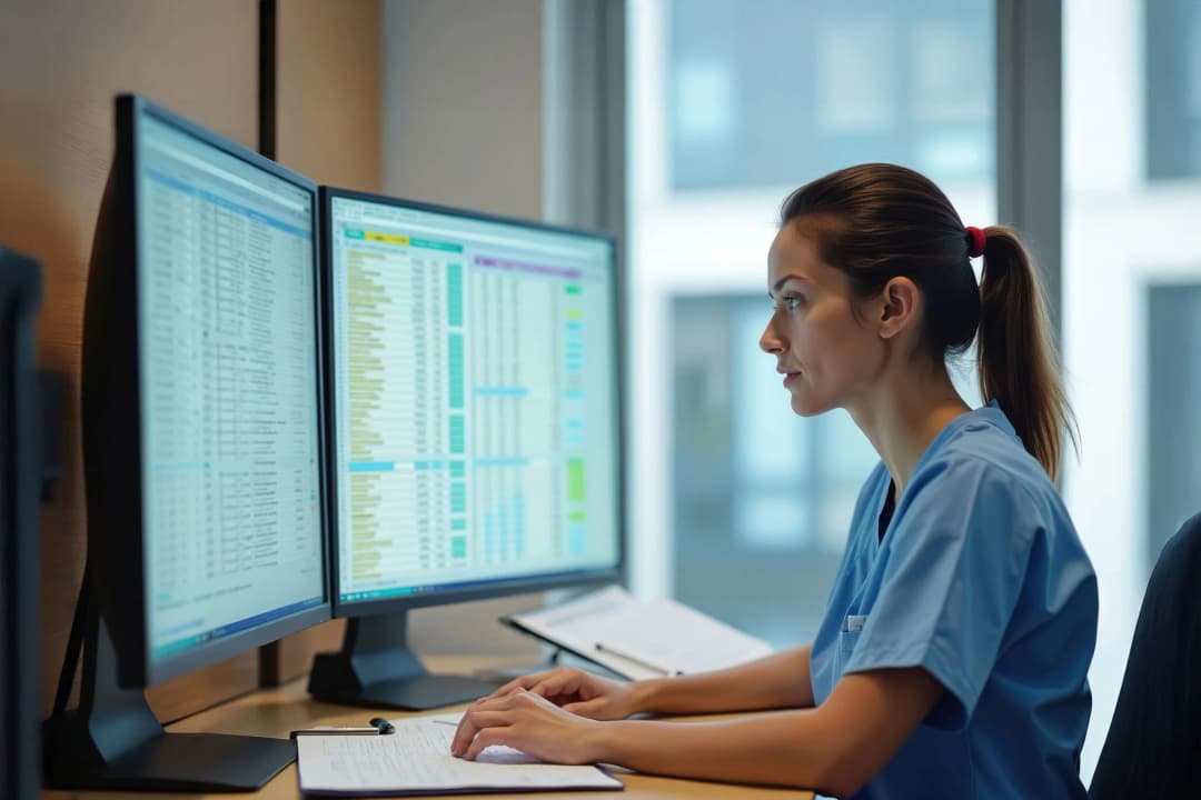 Dual computer monitors showing medical billing charts and compliance reviews