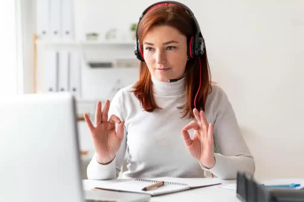 Virtual medical assistant working remotely with headset